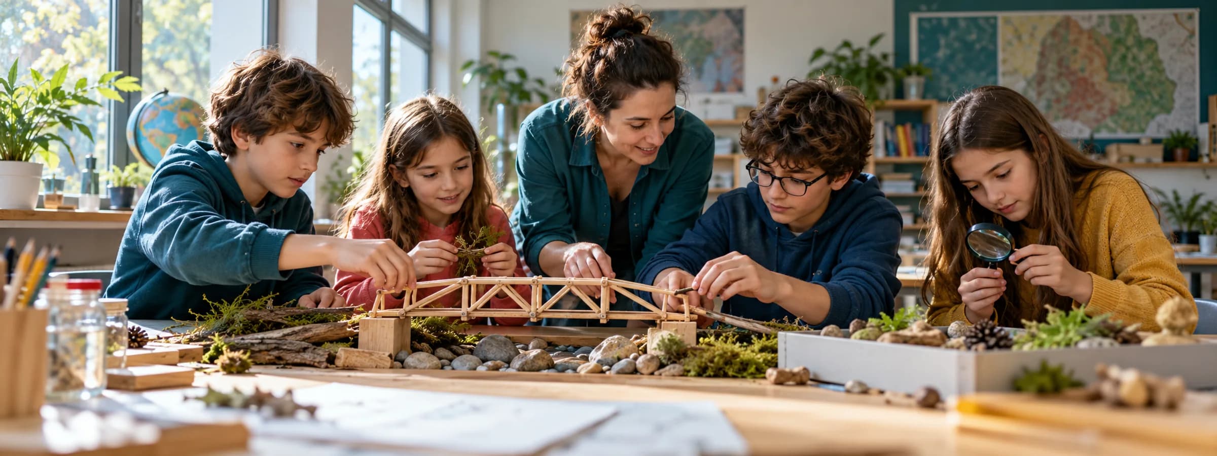 Imagine generată: copii de vârste școlare diferite cooperează într-un atelier luminos, construind și explorând.