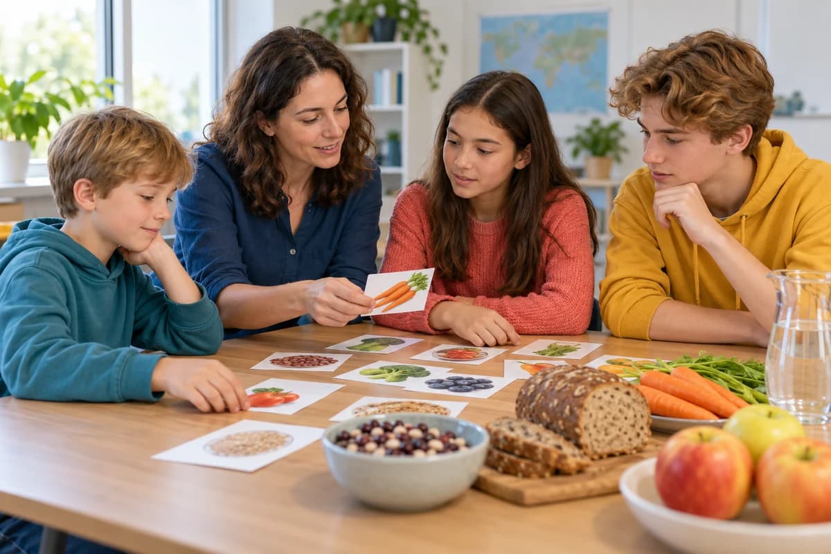 Imagine generată: elevi de vârste diferite explorează alimente variate într-un atelier educațional.
